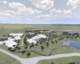 Vista aérea do centro educativo em modelo 3D com lagos, árvores e caminhos.