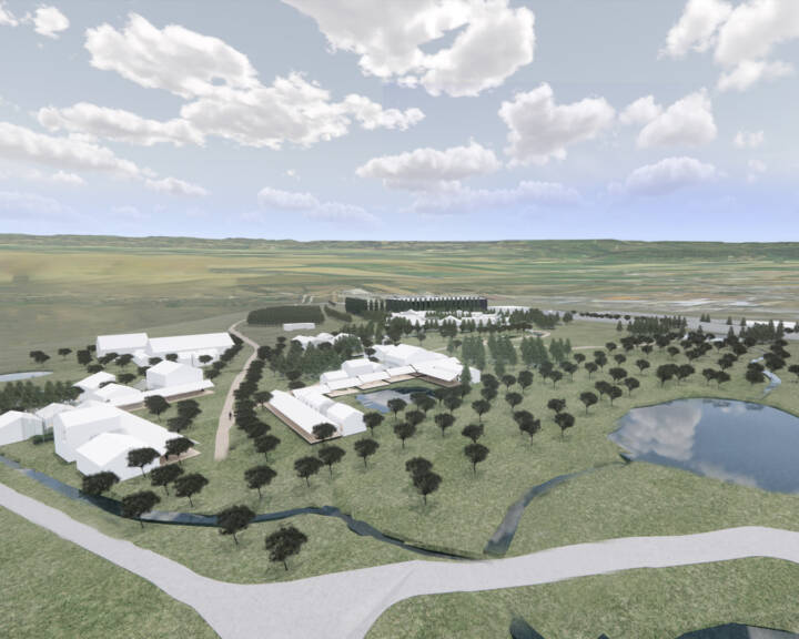 Vista aérea do centro educativo em modelo 3D com lagos, árvores e caminhos.