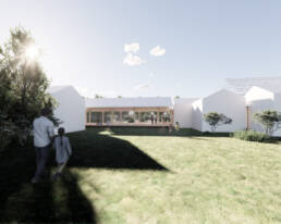 Render de pai e filha a entrar num pátio com edifícios brancos e relvado.