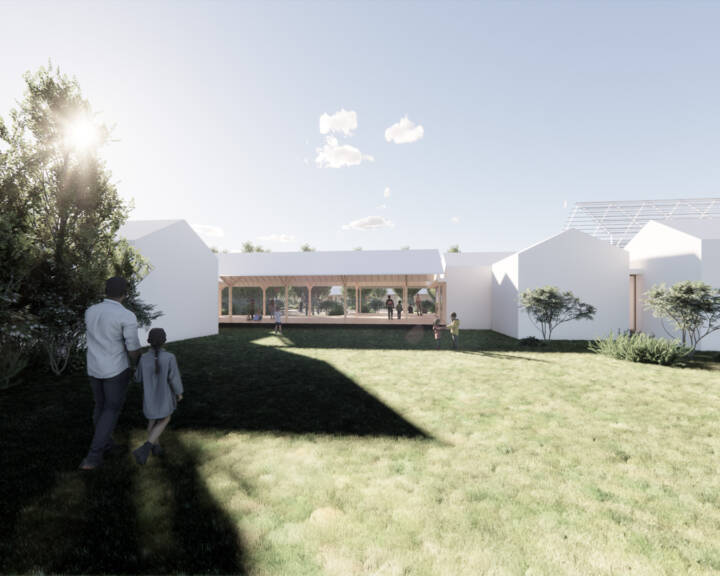 Render de pai e filha a entrar num pátio com edifícios brancos e relvado.