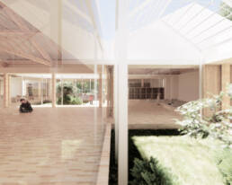 Representação 3D de espaço interior amplo com luz natural e ligação ao exterior ajardinado.