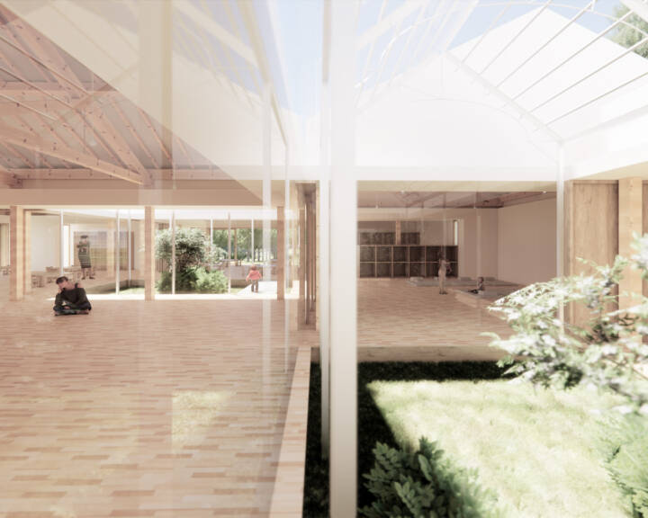Representação 3D de espaço interior amplo com luz natural e ligação ao exterior ajardinado.