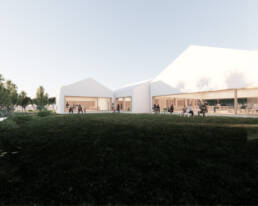 Render de edifícios brancos rodeados por área verde com pessoas sentadas e em movimento.