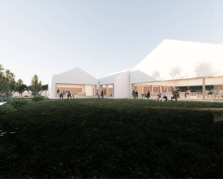 Render de edifícios brancos rodeados por área verde com pessoas sentadas e em movimento.