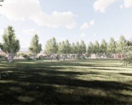 Representação 3D de campo relvado com fileiras de árvores e crianças a brincar ao fundo.
