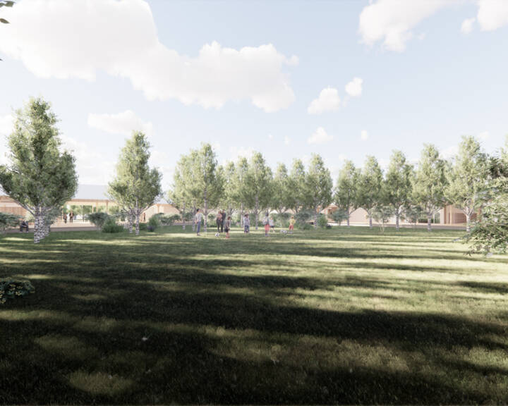Representação 3D de campo relvado com fileiras de árvores e crianças a brincar ao fundo.