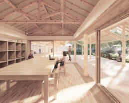 Representação 3D de sala de madeira com mesa longa e ligação visual direta para o espaço exterior arborizado.